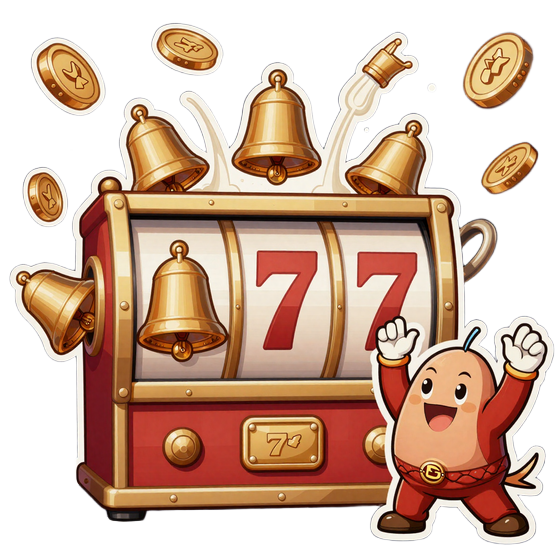 Jackpot Bells Spielautomat mit Coin-Wasserfall und jubelnden Maskottchen