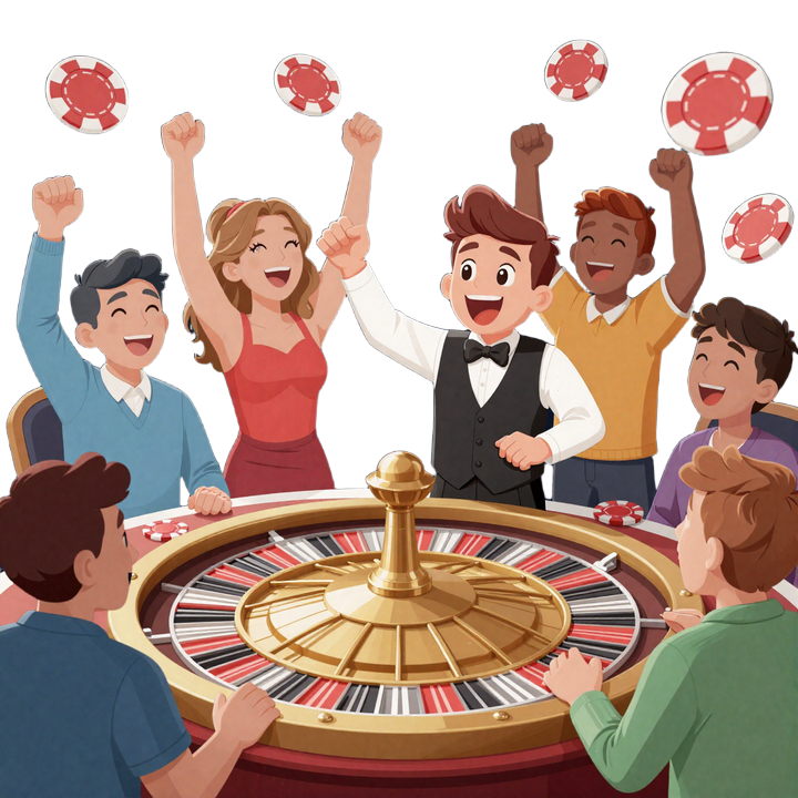 Cartoon Live Casino Szene mit Croupier und fliegenden Chips am Roulette-Tisch