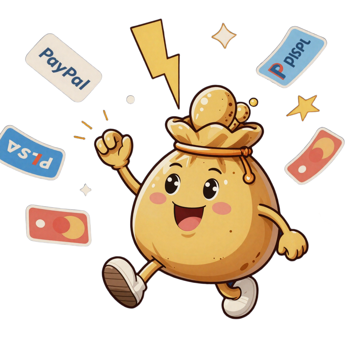 Cartoon Maskottchen f&auml;ngt Geldsack per Blitzlieferung mit PayPal und Visa Logos im Total Casino