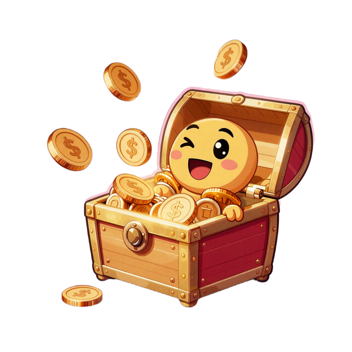 Cartoon Maskottchen &ouml;ffnet goldene Schatztruhe mit Freispiel-Tokens im Total Casino Willkommensbonus