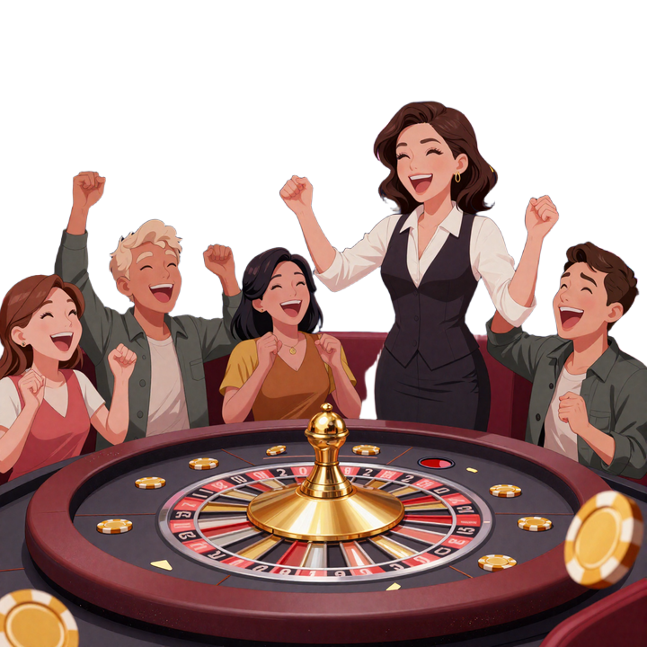 Cartoon Live Casino Szene mit jubelnden Spielern und Croupier am Roulette-Tisch im Total Casino
