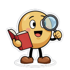 Cartoon Ratgeber Maskottchen mit Buch und Lupe