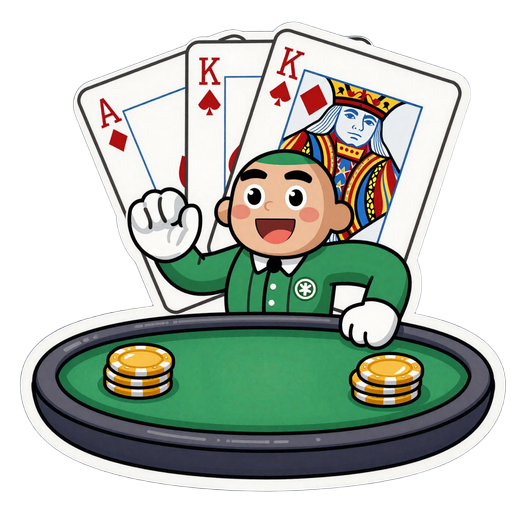 Cartoon Blackjack Dealer mit Ass und K&ouml;nig Karten am gr&uuml;nen Tisch