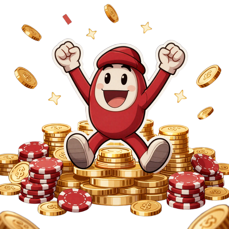 Cartoon Casino Gewinner feiert &uuml;ber einem Berg aus Goldm&uuml;nzen im Total Casino Willkommensbonus