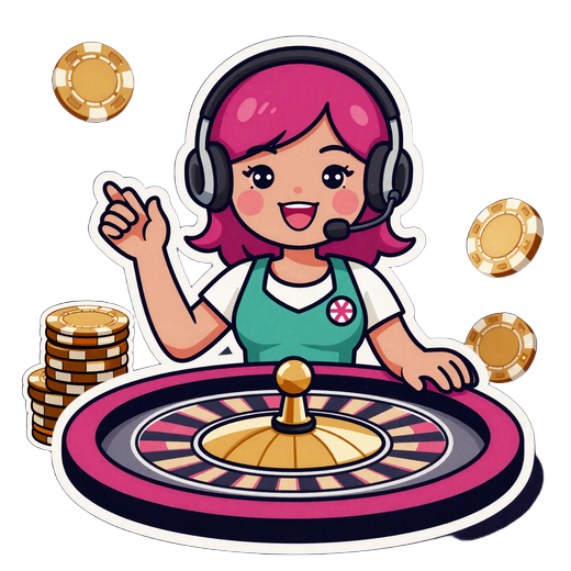 Freundliche Cartoon Live-Dealerin mit Headset und Roulette-Rad im Total Casino Live Studio