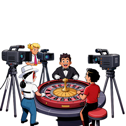 Cartoon Behind-the-Scenes im Playtech Live Studio mit Kameras und Dealerin